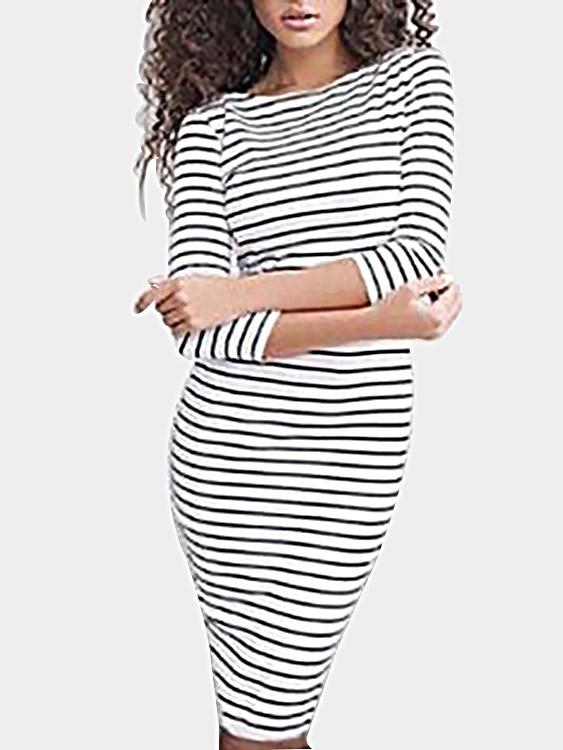 Wholesale White Round Neck 3/4 Length Sleeve Stripe Bodycon Dresses