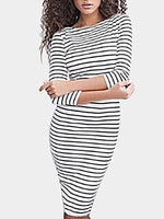 Wholesale White Round Neck 3/4 Length Sleeve Stripe Bodycon Dresses