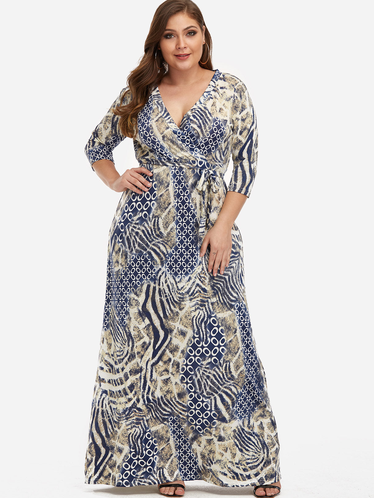 Wholesale V-Neck Animal Self-Tie Wrap Half Sleeve Plus Size Maxi Dresses