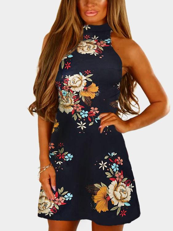 Wholesale Navy Sleeveless Floral Print Lace Zip Back Mini Dress