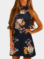 Wholesale Navy Sleeveless Floral Print Lace Zip Back Mini Dress