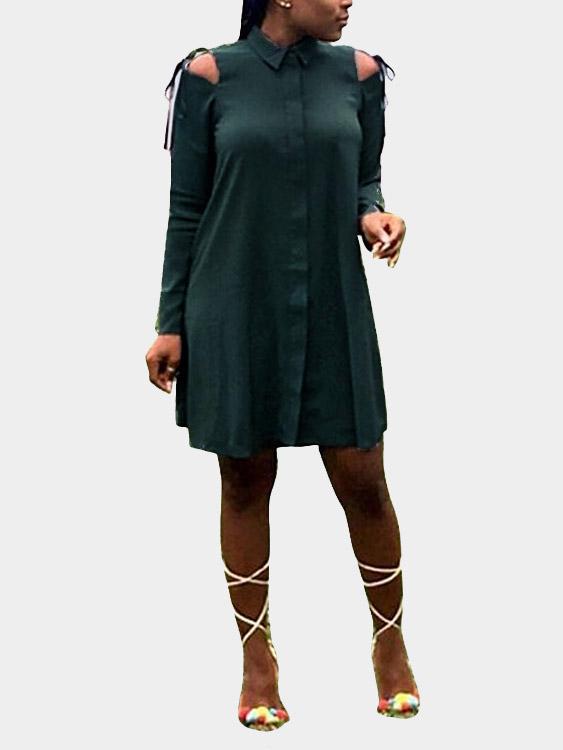 Wholesale Green Classic Collar Cold Shoulder Long Sleeve Lace-Up Cut Out Shirt Dress