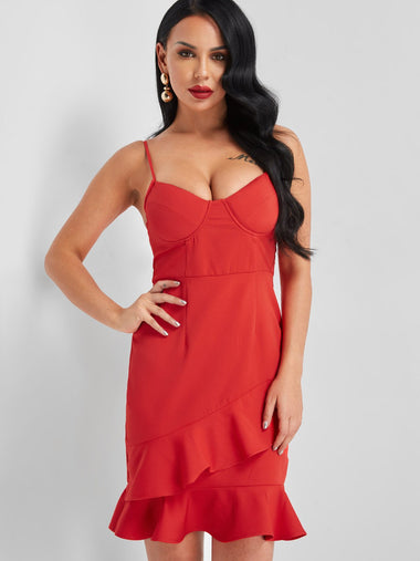 Wholesale Red V-Neck Sleeveless Plain Backless Spaghetti Strap Ruffle Hem Sexy Dresses