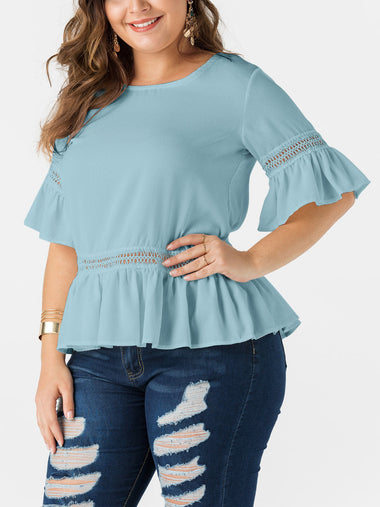 Wholesale Round Neck Lace Cut Out Half Sleeve Flounced Hem Plus Size Tops