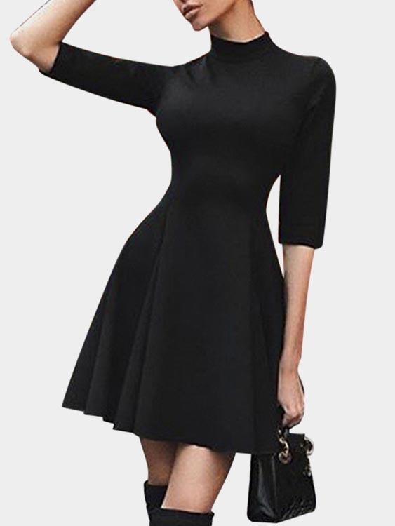 Wholesale Black Perkins Collar 3/4 Length Sleeve Zip Back Ruffle Hem High-Waisted Sexy Dress