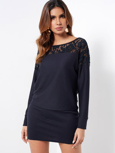 Wholesale Navy Round Neck Long Sleeve Plain Lace Dresses