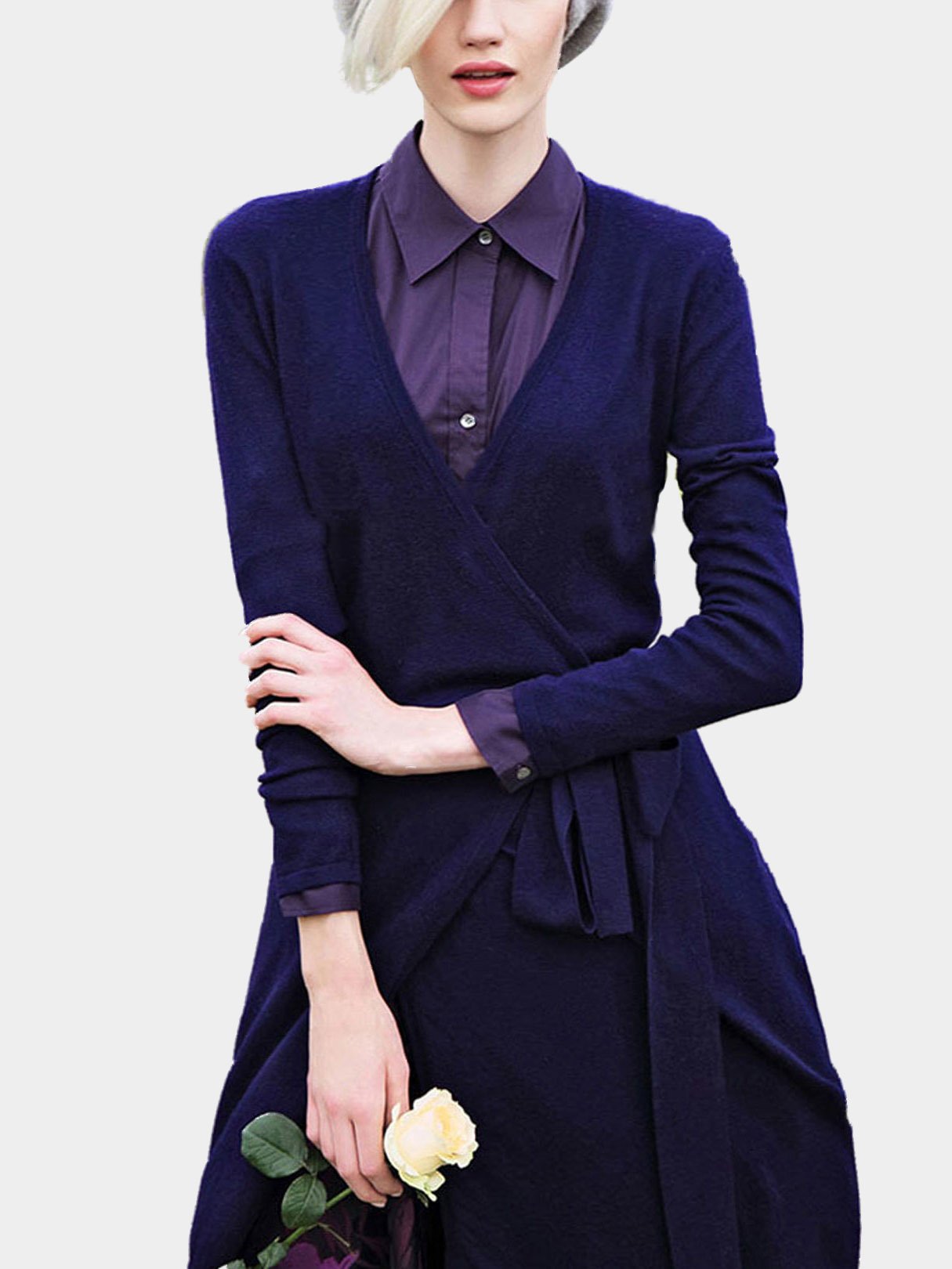 Wholesale Navy V-Neck Long Sleeve Plain Wrap Sexy Dress