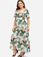 Wholesale V-Neck Floral Print Self-Tie Short Sleeve Curved Hem Green Plus Size Maxi Dresses