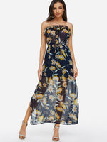 Wholesale Navy Off The Shoulder Sleeveless Floral Print Lace-Up Slit Hem Maxi Dress