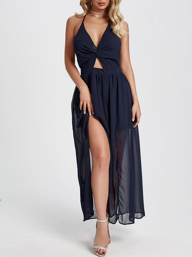 Wholesale Navy V-Neck Sleeveless Plain Backless Cut Out Sexy Dresses