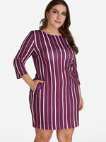 Wholesale Bateau Stripe 3/4 Sleeve Bodycon Burgundy Plus Size Dresses