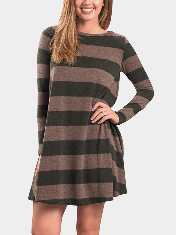 Wholesale Round Neck Stripe Long Sleeve Casual Dress