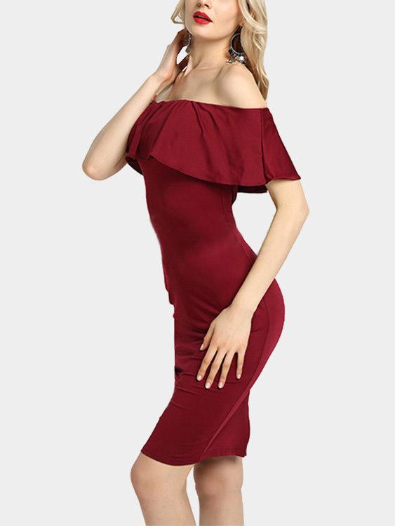 Wholesale Burgundy Off The Shoulder Short Sleeve Wave Slit Dresses