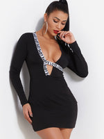 Wholesale Black Deep V Neck Long Sleeve Letter Bodycon Dresses