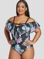 Wholesale Off The Shoulder Floral Print Crossed Front Short Sleeve Black Plus Size Swimwear