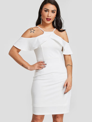 Wholesale White Cold Shoulder Short Sleeve Plain Cut Out Sexy Dress