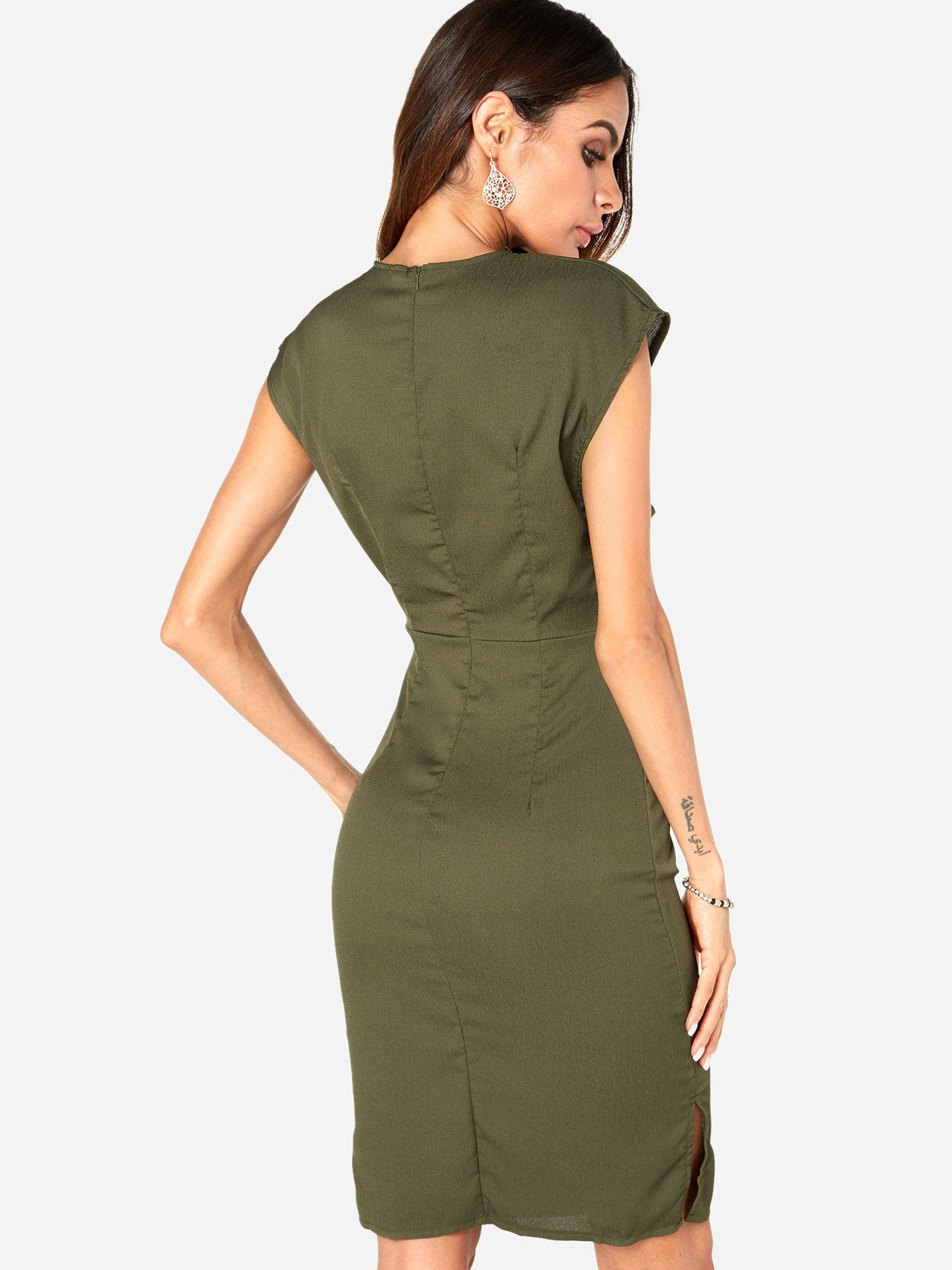 NEW FEELING Womens Army Green V-Neck Dresses