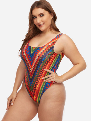 Wholesale Scoop Neck Tribal Print Backless Sleeveless Plus Size Swimwear