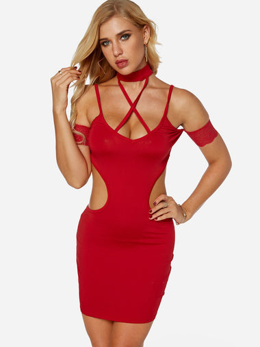 Wholesale Red Halter V-Neck Plain High Waist Dresses