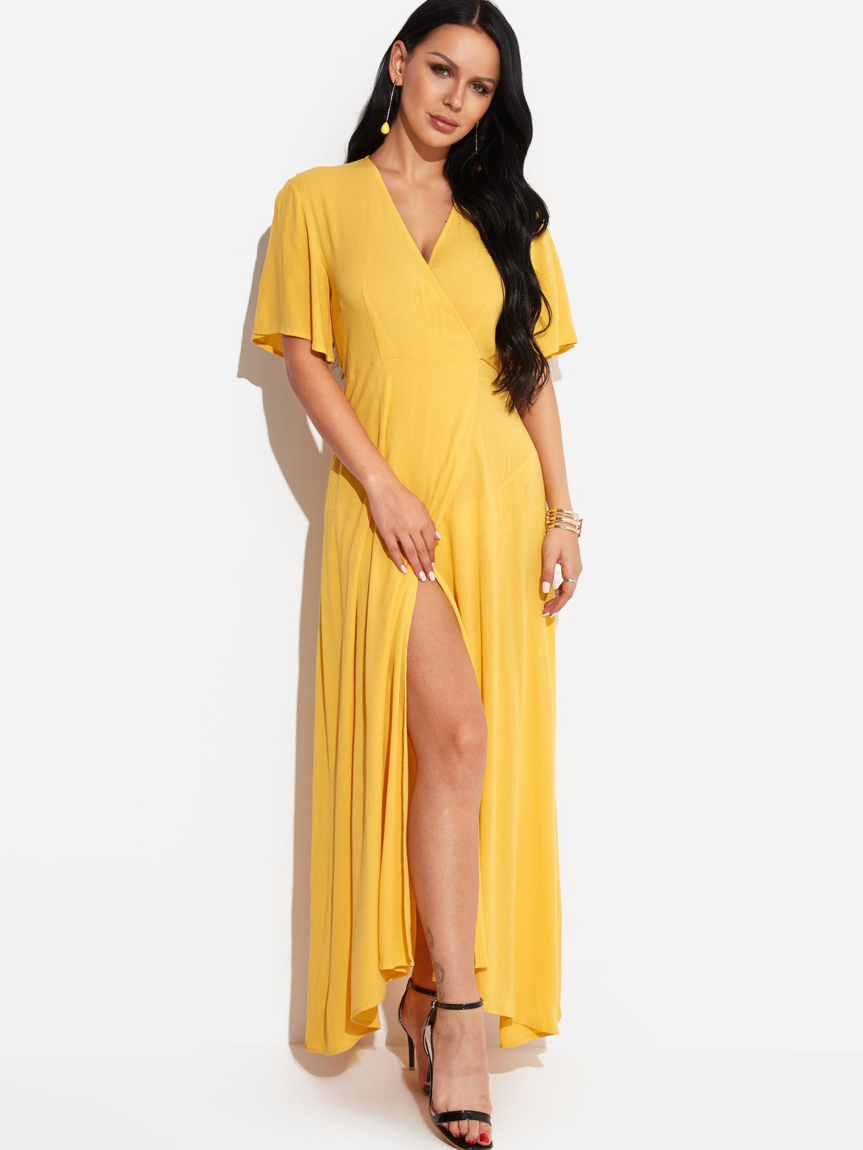 Wholesale Yellow V-Neck Long Sleeve Crossed Front Lace-Up Slit Hem Sexy Dresses