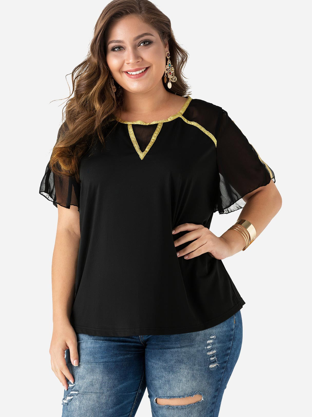 Wholesale Round Neck Short Sleeve Black Plus Size Tops