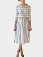 Wholesale Round Neck 3/4 Length Sleeve Stripe Ruffle Hem Dresses