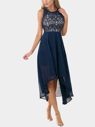 Wholesale Navy Round Neck Sleeveless Lace Irregular Hem Sexy Dresses