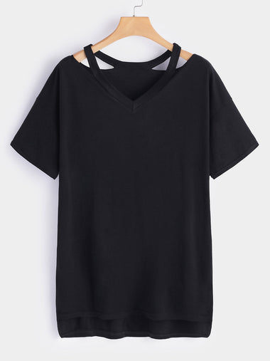 Wholesale V-Neck Plain Hollow Short Sleeve Plus Size Tops