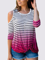 Wholesale Round Neck Cold Shoulder Stripe 3/4 Sleeve Rose T-Shirts