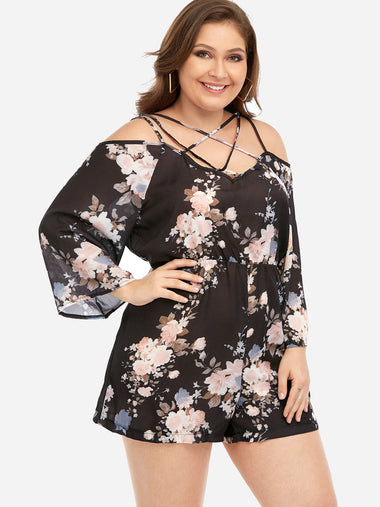 Wholesale Cold Shoulder Floral Print Criss-Cross Long Sleeve Black Plus Size Bottoms