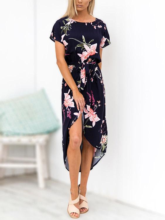 Wholesale Round Neck Short Sleeve Floral Print Slit Dresses