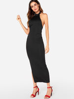 Wholesale Black Halter Sleeveless Backless Slit Hem Sexy Dress