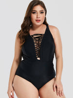 Wholesale Deep V Neck Plain Criss-Cross Sleeveless Black Plus Size Swimwear