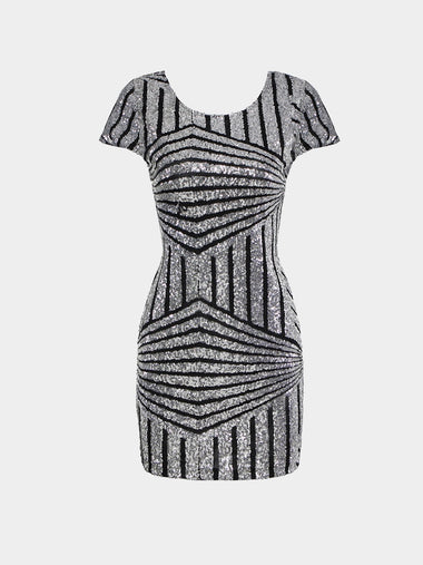 Wholesale Silver Crew Neck Short Sleeve Stripe Geometrical Zip Back Sexy Dresses