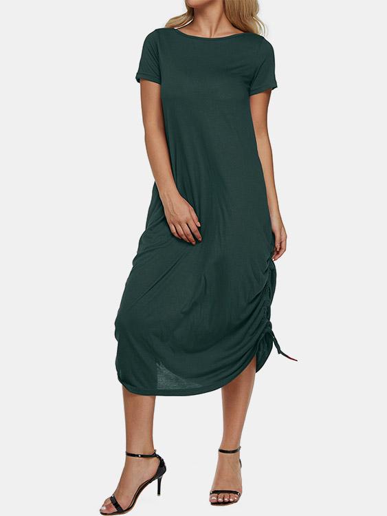 Wholesale Green Round Neck Short Sleeve Lace-Up Pleated Curved Hem Sexy Dresses