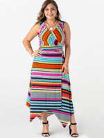 Wholesale V-Neck Stripe Lace-Up Sleeveless Irregular Hem Plus Size Maxi Dress