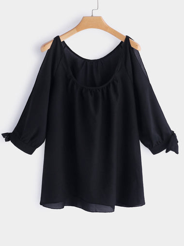 Wholesale Round Neck Cold Shoulder Plain Self-Tie 3/4 Sleeve Irregular Hem Black Plus Size Tops