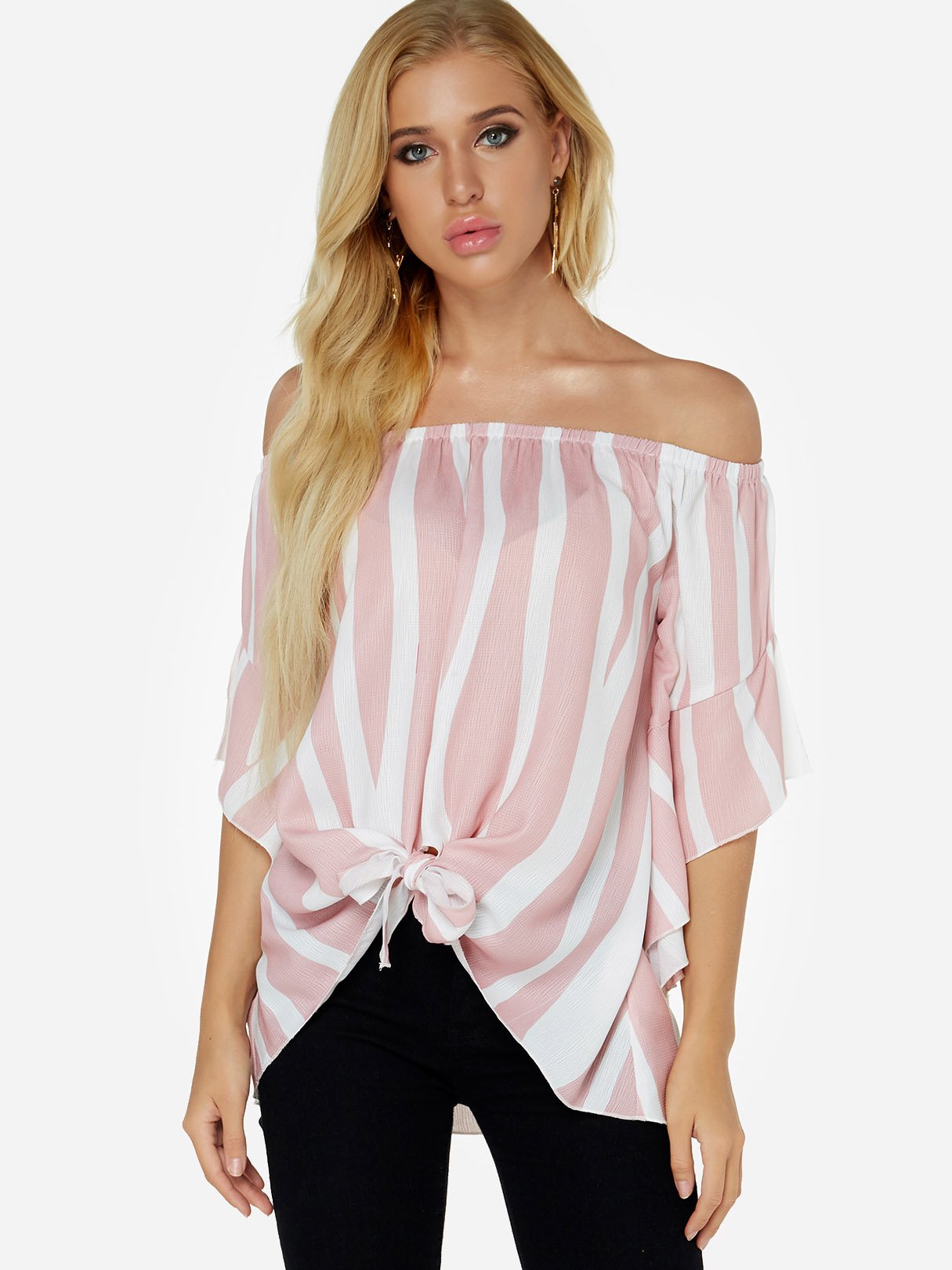 Wholesale Off The Shoulder Stripe Lace-Up Half Sleeve Pink Top