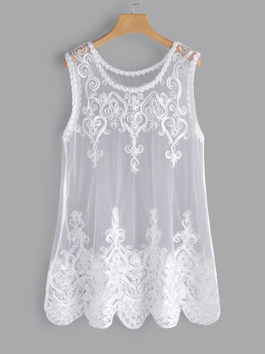 Wholesale Round Neck Embroidered Lace See Through Sleeveless Plus Size Tops