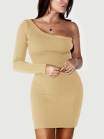 Wholesale One Shoulder Plain Bodycon Hem Beige Dresses