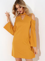 Wholesale Yellow Chimney Collar Long Sleeve Plain Hooded Cut Out Sexy  Dresses