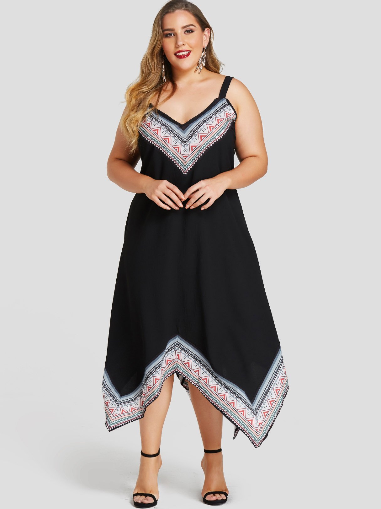 Wholesale V-Neck Tribal Print Spaghetti Strap Irregular Hem Black Plus Size Dress