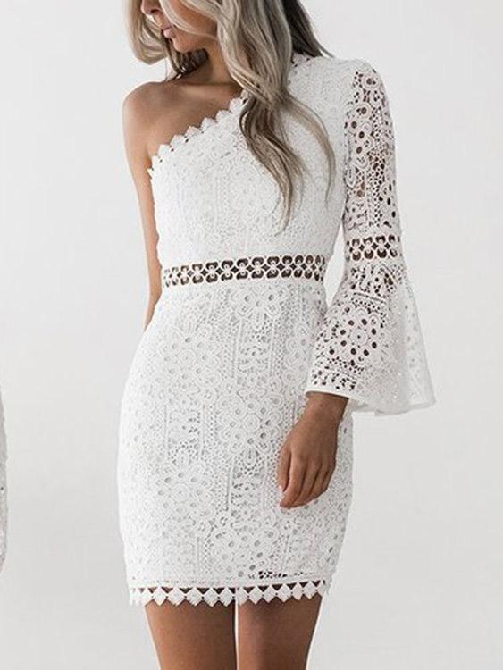 Wholesale White One Shoulder Long Sleeve Plain Lace Zip Back Hollow Sexy Dress