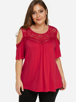 Wholesale Round Neck Cold Shoulder Plain Short Sleeve Red Plus Size Tops