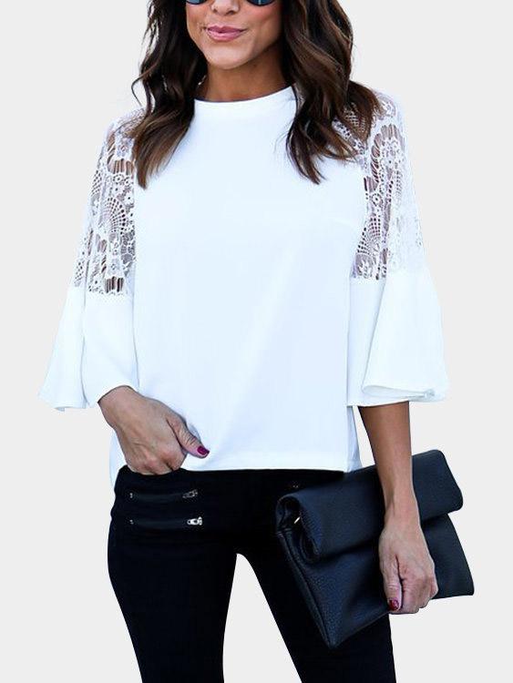 Wholesale Round Neck Lace Half Sleeve Ruffle Hem White Top