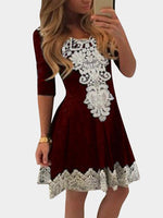 Wholesale Round Neck Plain Crochet Lace Embellished Zip Back Hollow Half Sleeve High Waist Sexy Dresses
